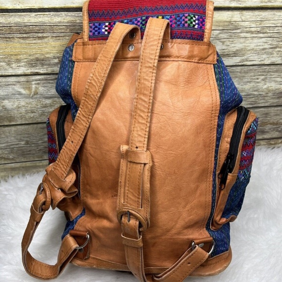 Multicolor Tapestry Embroidered Fabric Tan Leather Trim Drawstring Backpack main image 8